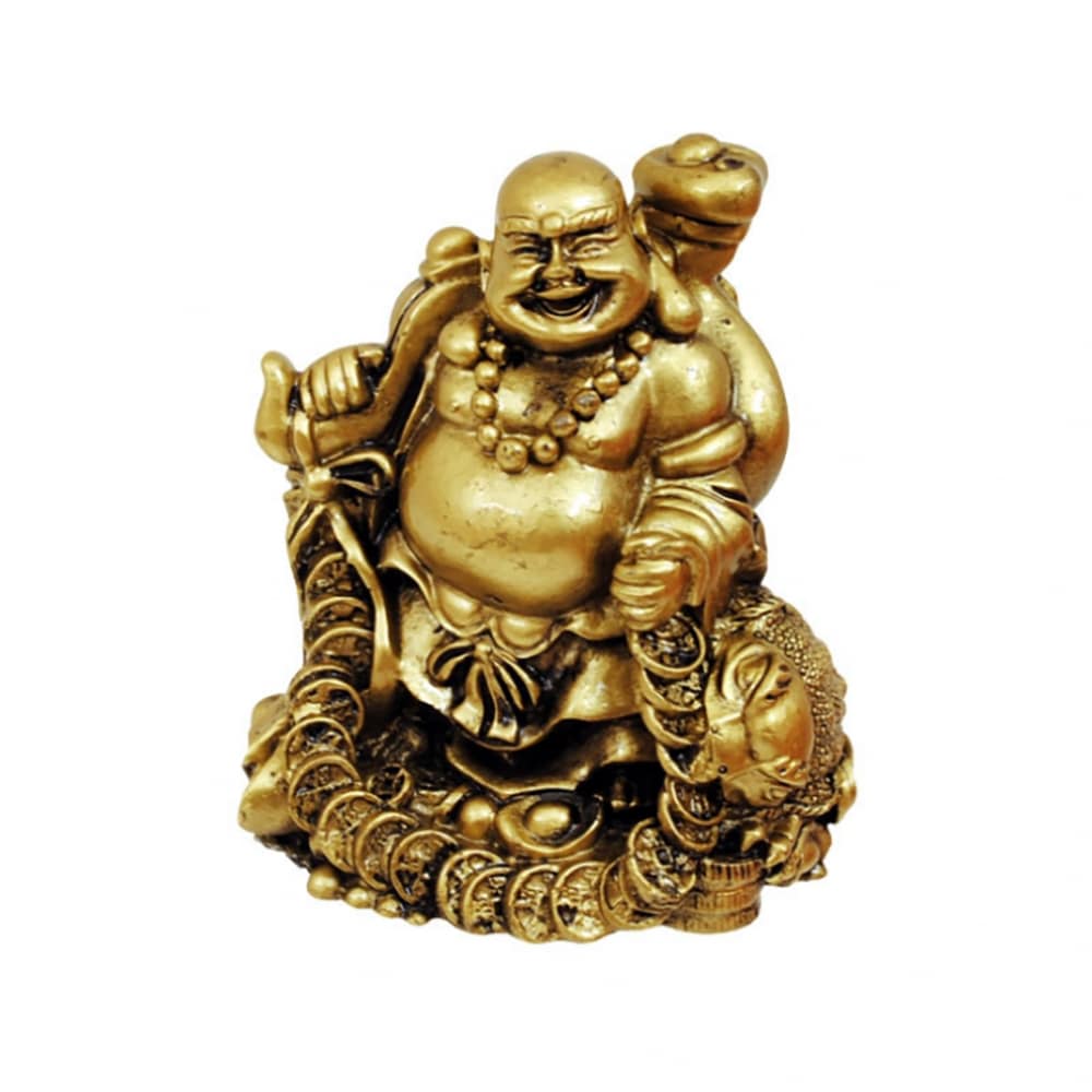 Figura feng shui Buda sonriente o feliz, moneda y lingotes