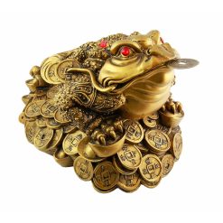 Figuras feng shui ray frog en monedas rojas y cristales