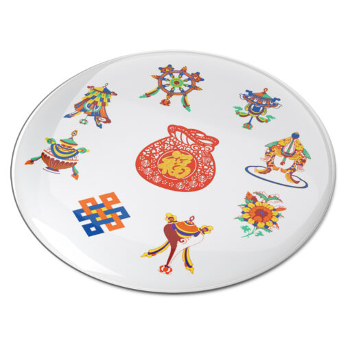 Pegatina feng shui con los 8 símbolos tibetanos y el saco de la abundancia