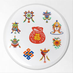 Pegatina feng shui con los 8 símbolos tibetanos y el saco de la abundancia