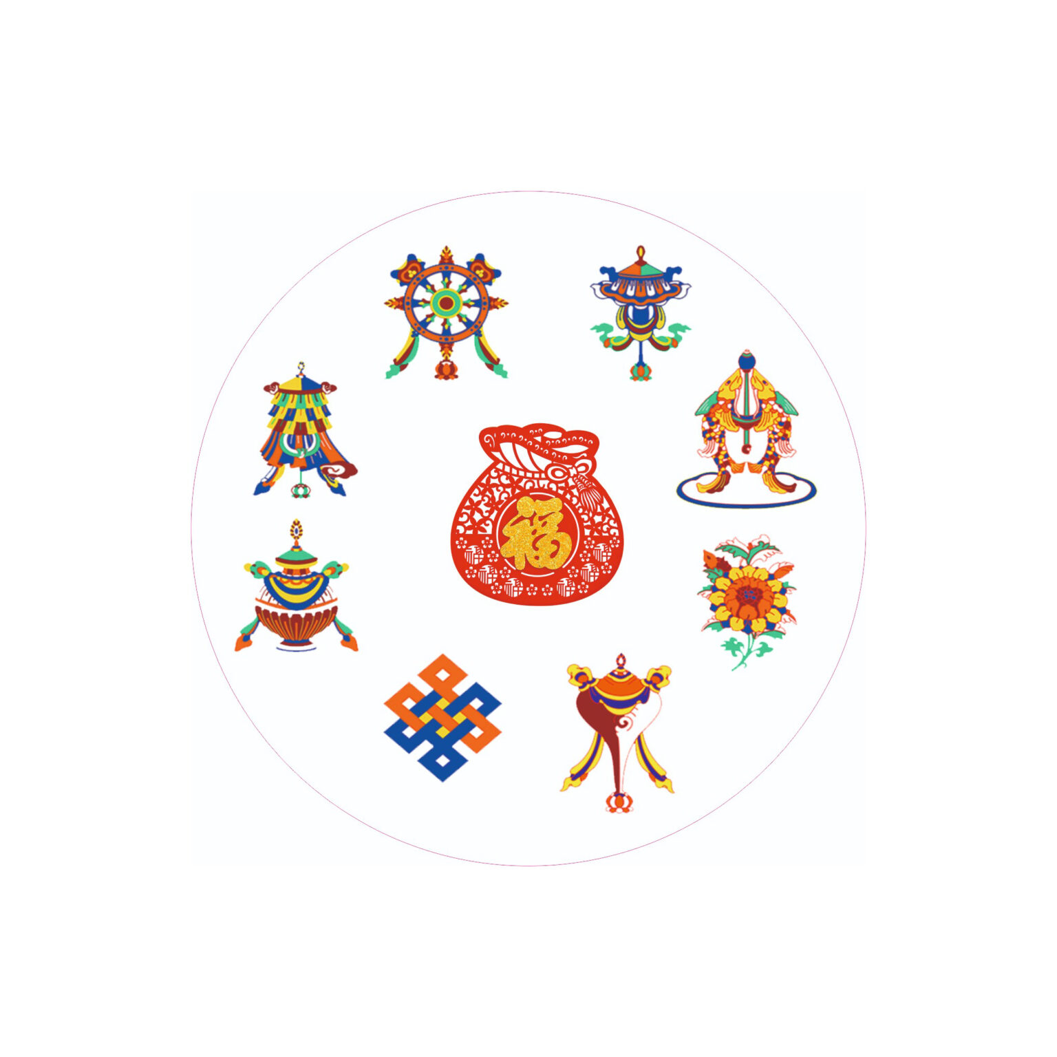 Pegatina feng shui con los 8 símbolos tibetanos y el saco de la abundancia 5