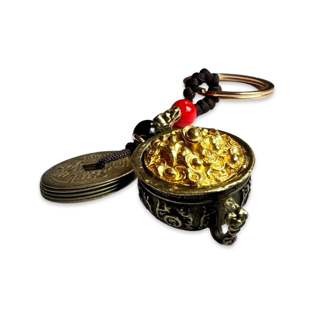 Amuleto con olla de la prosperidad y 5 monedas chinas Feng Shui
