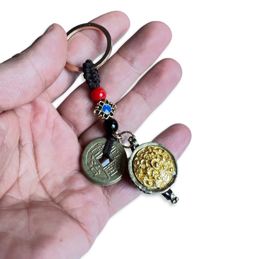 Amuleto con olla de la prosperidad y 5 monedas chinas Feng Shui