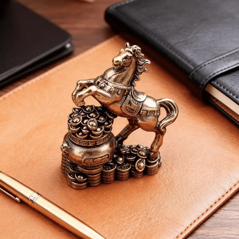 Figura Feng Shui del Caballo 2026 con monedas y olla de la abundancia ...